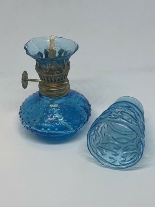 MCM Vintage Mid Century Modern Oil Lamp Turquoise Blue Glass Hobnail Hong Kong 3