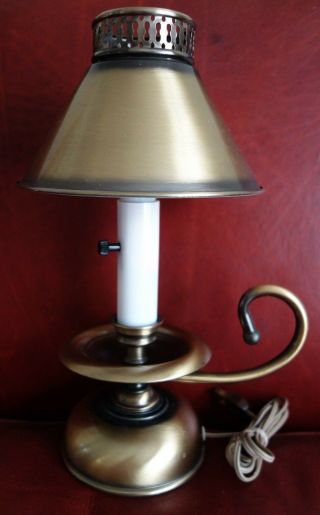 Vintage Brass Candlestick Night Table Lamp Saucer W Finger Handle Clip - On Shade