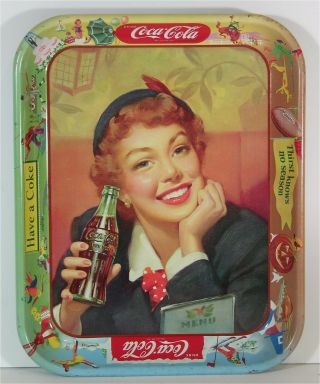 1953 Coca - Cola Tin Lithograph Advertising Serving Tray Menu Girl Coke Tray Litho