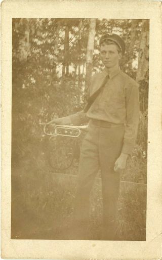 A.  Brown With His Bugle,  1910,  Ft Columbia,  Washington,  Rppc,  Vintage Postcard