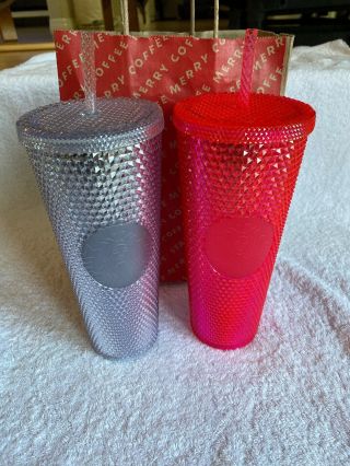 Set Of 2 Starbucks 2019 Holiday Studded Hot Pink And Silver Venti Cold Cup 24 Oz