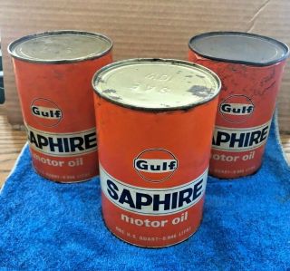 3 Vintage Gulf Oil 1 Quart Cans - - Gulf Saphire Motor Oil - Full And