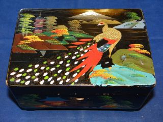 Vintage Japanese Jewelry Music Box Black Lacquer Hand Painted W/ Mother Of Pearl