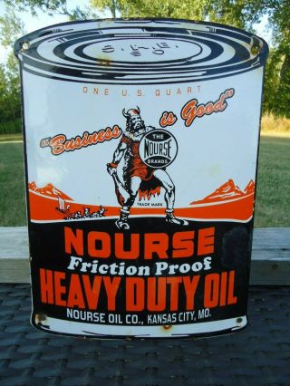 Old Vintage 1950s Nourse Heavy Duty Motor Oil Can Porcelain Gas Pump Sign