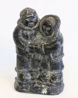 Vintage A Wolf Canada Inuit Eskimo Couple Sculpture W/tag Hand Made