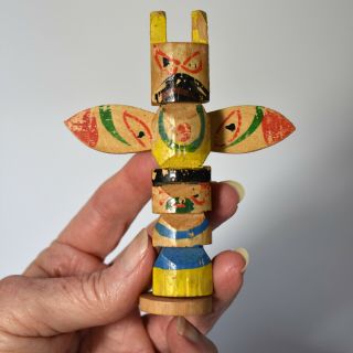 Vintage Mini Totem Pole - Hand Made,  Carved & Painted Wood - Northwest Indian