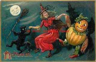 Halloween,  Tuck No 150 - 3,  Witch Dancing With A Black Cat & Gourd Man