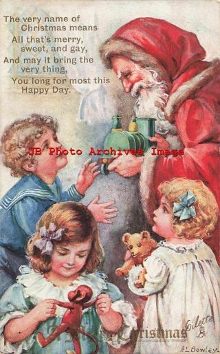 Christmas,  Tuck No C 1758,  A.  L.  Bowley Red Robe Santa Giving Boy A Toy Train