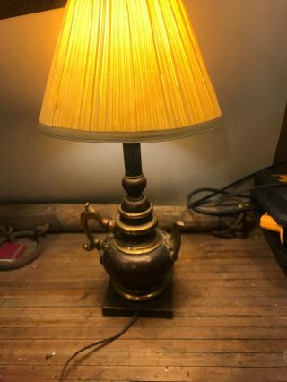 Vintage Brass Tea Pot 18”lamp With Ruffled Shade