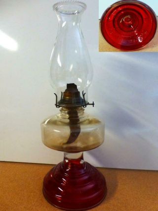 Vintage Ruby Red Glass Pedestal Hurricane Oil Lamp With Globe Shade 18 - 1/4 " Tall