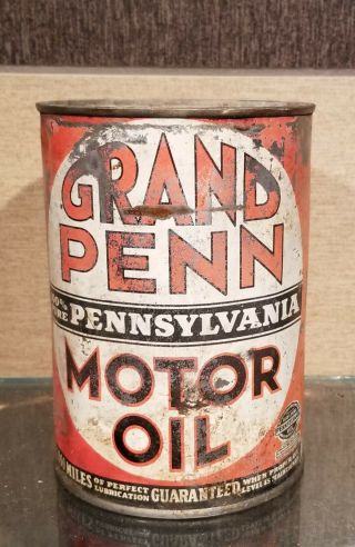 1930s Gran Penn 100 Pure Pennsylvania One Quart Motor Oil Can Butler Pa