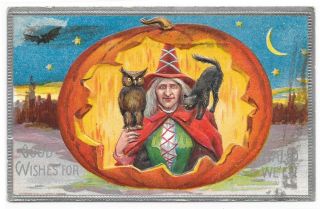 Vintage Halloween Embossed Postcard Black Cat Witch Moon Jol Good Wishes Antique