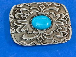 Vintage Metal Belt Buckle With Real Or Faux Turquoise Colored Stone Center