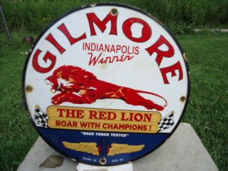 Old 1952 Gilmore Gasoline " The Red Lion " Porcelain Service Gas Station Pump Sign