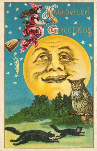Ml Jackson Halloween Postcard,  Witch Flies Past Man In The Moon W Black Cats Owl