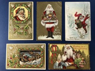 5 Santa Christmas Antique Postcards.  Publ: J.  Bien.  1900s.  Gold Trim W Value