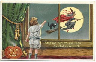 Vintage Halloween Embossed Postcard Black Cat Witch Moon Jol Strange Sights