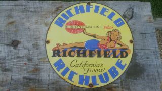 Vintage 1940s Era Richfield Richlube Pin Up Girl Porcelain Sign Gas Oil Plate