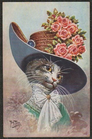 1920 Arthur Thiele Dressed Feline Cat Wearing Floral Hat Postcard T.  S.  N 1113