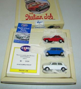 Vintage Corgi L.  E.  Numbered " Italian Job " Movie Mini Coopers 3 Car Rally Set