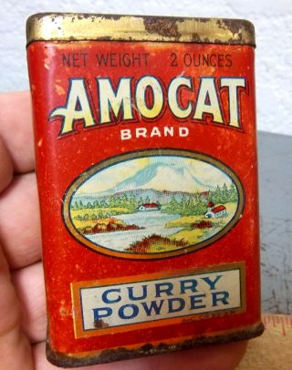 Vintage Amocat Curry Powder 2 Oz Spice Tin,  Still Full,  Graphics One Side