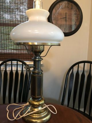 Vintage Brass Hurricane Lamp White Glass Shade,  Electric Lamp.
