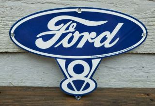 Vintage " Ford V8 Cars & Trucks " 9 " Porcelain Metal Gasoline & Oil Door Push Sign