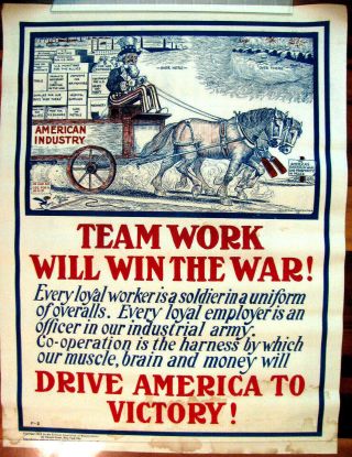 Wwi War Poster,  Teamwork Will Win The War,  Phifer,  1918,  Industry,  Horse