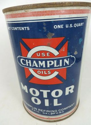 CHAMPLIN MOTOR OIL quart can ENID OKLAHOMA RUDE OILS REFINING COMPANY 1930s TIN 3