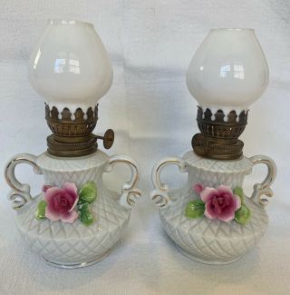 Vintage Japan Miniature Oil Lamps Pair White Milk Glass Applied Roses 6.  25 " Tall
