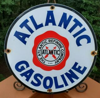 Vintage Atlantic Gasoline Porcelain Sign Gas Metal Service Station Pump Plate Ad