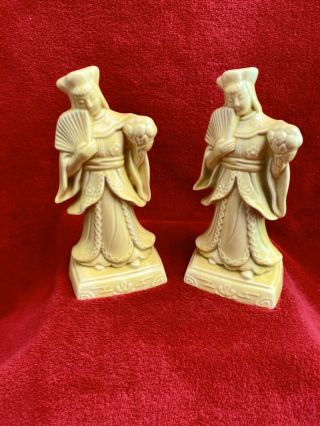 Mcm Glazed Porcelain Table Lamp Base Pair Asian Women Ladies Figurine Yellow