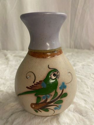 Tonala Mexican Pottery Vase Sandstone Glazed Green Bird