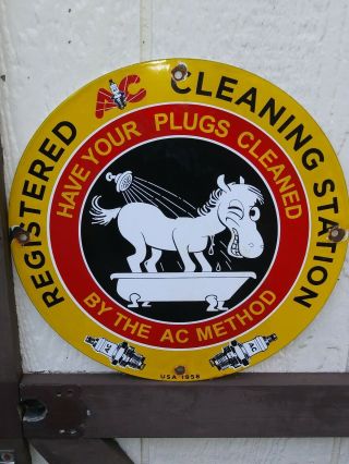Vintage Old 1958 Ac Spark Plugs Porcelain Sign Registered Cleaning Station Donke