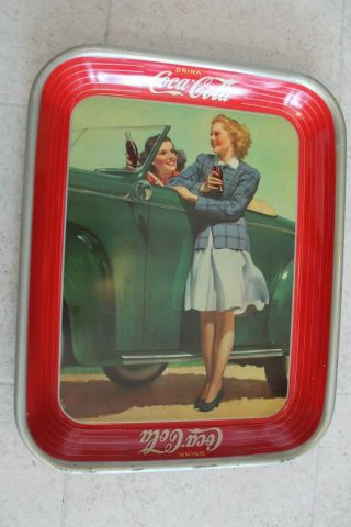 1942 Coca - Cola Tin Lithograph Advertising Serving Tray Two Girls & Car Coke Tray