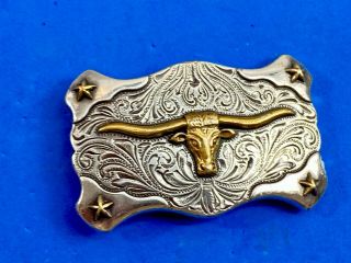 Texas Longhorn Bull Western Cowboy Mixed Metal Belt Buckle - Stars In Corners