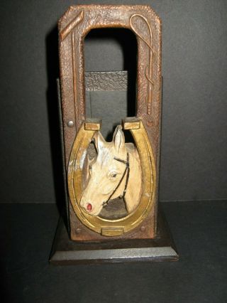 Vintage Horse Head Horseshoe Pencil Holder Brush Holder Carved Wood Horse Head