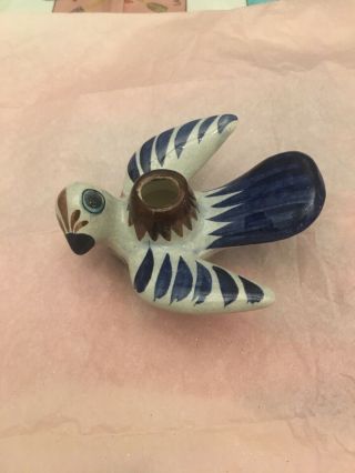 Vintage Mexican Pottery Tonala Hand Painted Bird Candle Holder - Signed