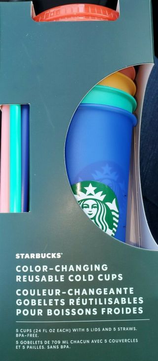 Starbucks 2020 Summer 5 Color Changing Reusable Cold 24 Oz Cups Tumbler & Straws