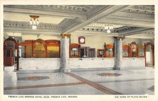 Vintage Postcard French Lick Springs Hotel Lobby Desk Pluto Water West Baden Ind