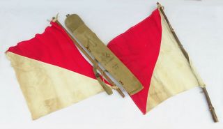 Antique Pair Us Army Signal Corps Flags Canvas Bag Wwi - Wwii Era