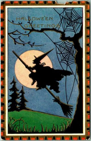 Vintage Whitney Halloween Postcard Witch On Broom Silhouette / Full Moon C1920s