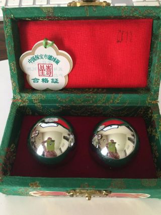 Vintage Chinese Stress Relief,  Meditation,  Chiming Silver Balls with green Box 2