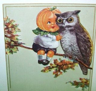 Vintage Halloween Postcard Whitney Pumpkin Head Boy Owl In Tree Anthropomorphic