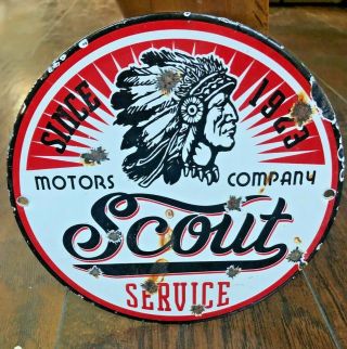 Vintage Scout Service Motors Company 8 " Porcelain Enamel Sign With Indian Gas