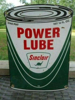 Old Vintage 1952 Sinclair Power Lube Motor Oil Can Porcelain Gas Pump Sign