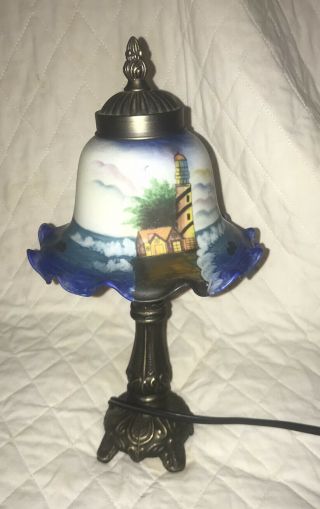 Accent Lamp Reverse Painted Nautical Beach Lighthouse Glass Shade 13 "
