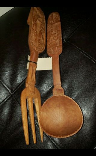 Vintage Wood Fork Spoon Native American Hand Carved Wooden Wall