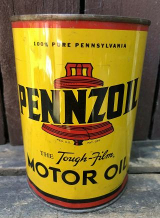Vtg 1950s Pennzoil 100 Pennsylvania Motor Oil 1 Quart Oil Can Tin Oil City Pa