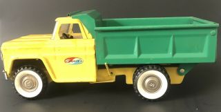 Vintage Structo Dump Truck 1966 Pat 3307291 Yellow Cab Green Bed Pressed Steel